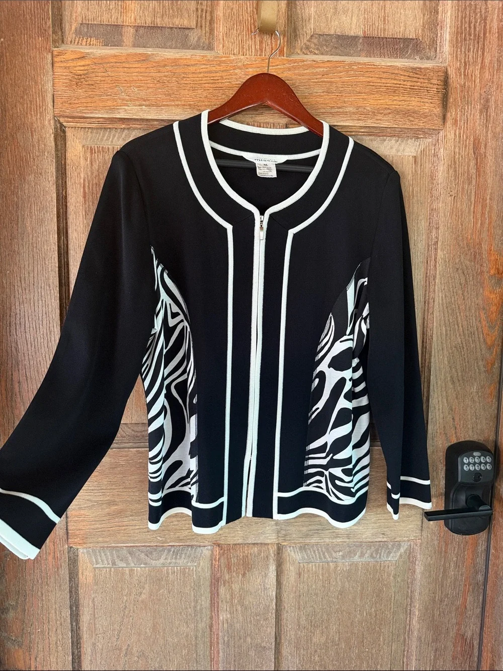Misook Black and White Zebra-Panel Zip Front Sweater Jacket